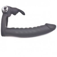 Cock Ring with Realistic Dildo Vibrating 7-Speed Rabbit Ears Silicone BLACK Cockring 